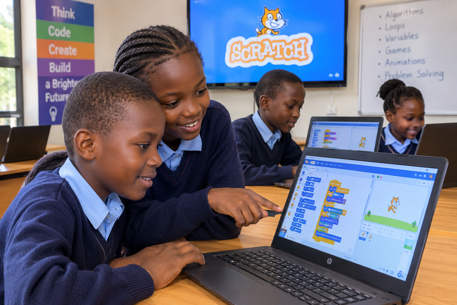 Students building a project in Scratch on a laptop