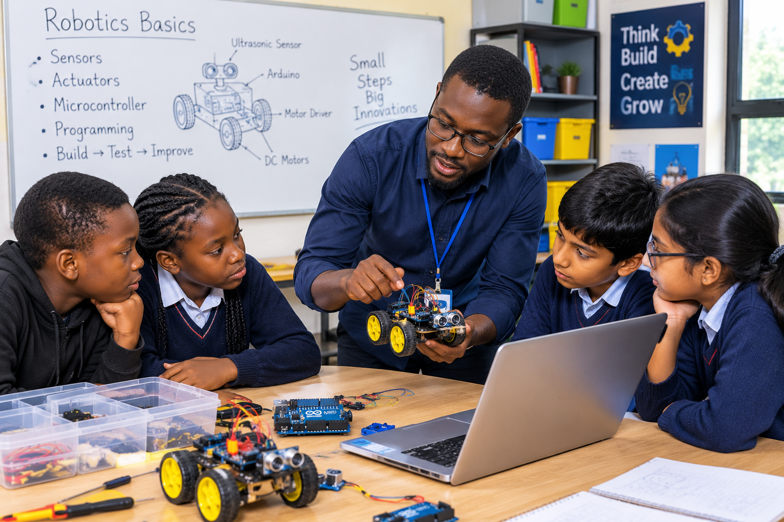 A teacher guiding students through a hands-on computer class